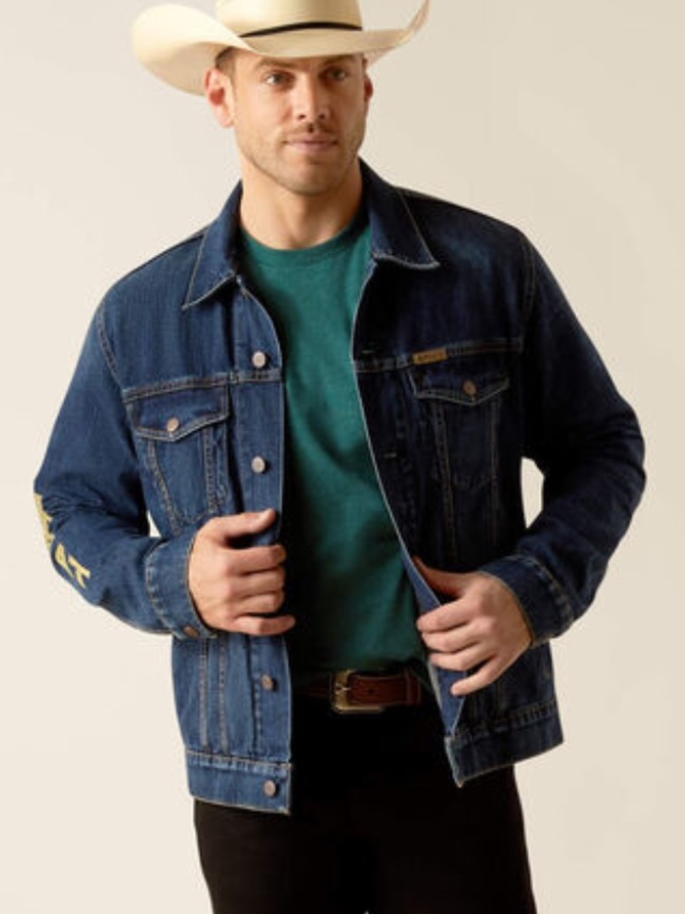 Ariat Men S Richford Blue Western Embroidered Logo Denim Team Trucker Jacket NWT